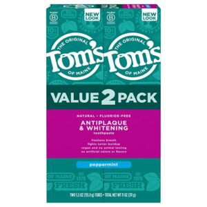 Tom's of Maine Fluoride-Free Antiplaque & Whitening Natural Toothpaste, Peppermint, 5.5 oz. 2-Pack (Packaging May Vary)