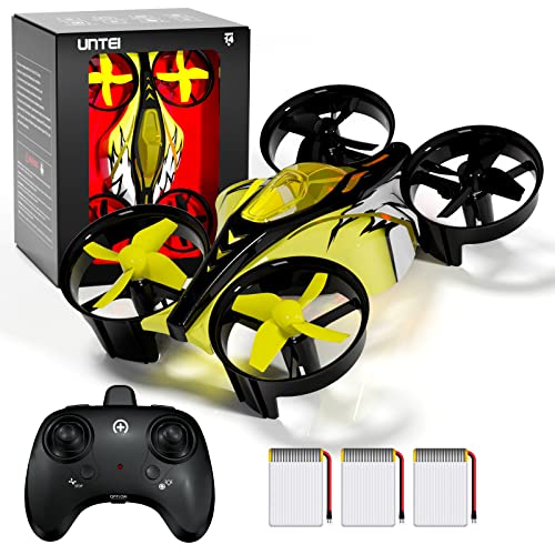 UNTEI 2 In 1 Mini Drone for Kids Remote Control Drone with Land Mode or Fly Mode, LED Lights,Auto Hovering, 3D Flip,Headless Mode and 3 Batteries,Toys Gifts for Boys Girls (Yellow)