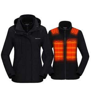 Venustas Heated Jacket for Women, 3 in 1 Winter Jacket with Battery Pack 7.4V, Water Resistant Ski Coat with Removable Hood