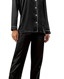 YIMANIE Pajamas for Women, Silk Satin Pajama Sets for Women Soft, Button Down Womens Loungewear Set with Pockets Black