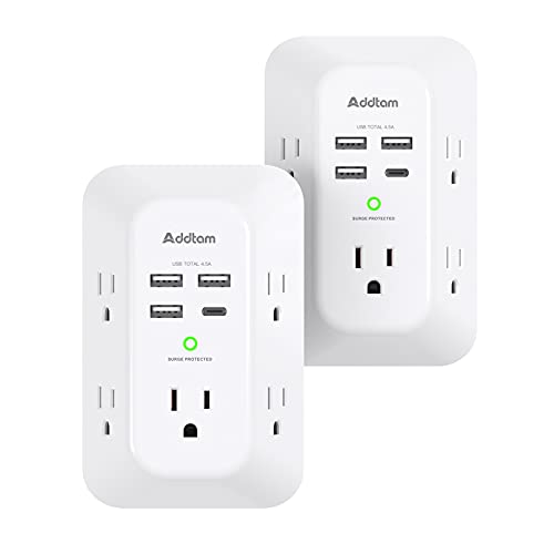 2 Pack USB Wall Charger Surge Protector, 5 Outlet Extender with 4 USB Charging Ports (1 USB C Outlet) 3 Sided 1800J Power Strip Multi Plug Outlets, Wall Adapter Spaced for Home Travel Office