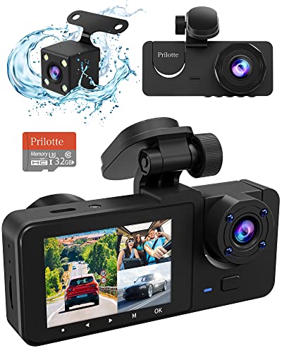 3 Channel Dash Cam Front and Rear Inside,1080P Full HD 170 Deg Wide Angle Dashboard Camera with 32GB SD Card,2.0 inch IPS Screen,Built in IR Night Vision,G-Sensor,Loop Recording,Parking Mode