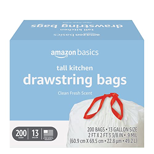 Amazon Basics Tall Kitchen Drawstring Trash Bags, Clean Fresh Scent, 13 Gallon, 200 Count (Previously Solimo)