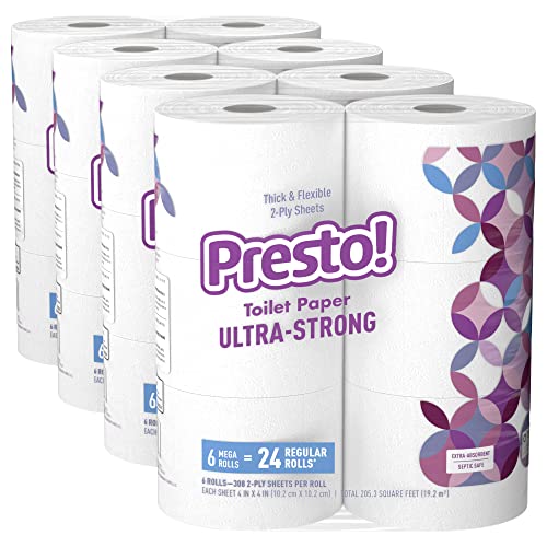 Amazon Brand - Presto! 308-Sheet Mega Roll Toilet Paper, Ultra-Strong, 6 Count (Pack of 4), 24 Count = 96 Regular Rolls