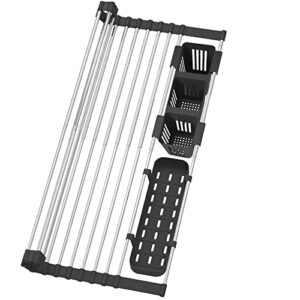 BBXTYLY Black Expandable Roll Up Dish Drying Rack Up to 22.8''with 2 Storage Baskets,Over The Sink Kitchen Rolling up Dish Drainer Dish Drying Rack in Sink, Foldable,Rollable,for Kitchen Dishes,Cups