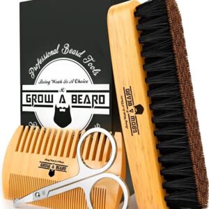 Beard Brush for Men & Beard Comb Set w/ Mustache Scissors Grooming Kit, Natural Boar Bristle Brush, Dual Action Wood Comb, and Travel Bag Great for Christmas Gift