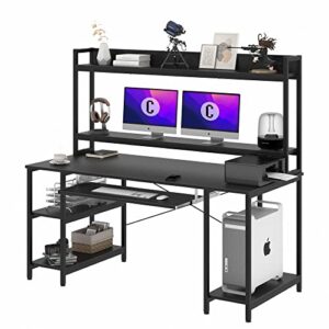 Computer Desk with with Hutch, 55 INCH Desk with Keyboard Tray Bookshelf, Large Dual Monitor Gaming Desk Metal Home Office Desk with Storage Shelves Study Writing Workstation, Easy to Assemble, Black