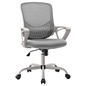 Ergonomic Office Chair - Home Desk Mesh Chair with Fixed Armrest, Executive Computer Chair with Soft Foam Seat Cushion and Lumbar Support, Grey
