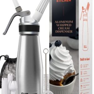 EurKitchen Professional Aluminum Whipped Cream Dispenser - Leak-Free Whip Cream Maker Canister with 3 Decorating Nozzles & Cleaning Brush - 1-Pint / 500 mL Cream Whipper - N2O Chargers (Not Included)