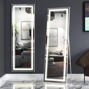 FENNIO Full Length Mirror with Lights 63"x20", LED Full Body Mirror, Free Standing Lighted Floor Mirror, Wall Mounted Hanging Mirror with Lights for Bedroom, Aluminum Frame, Dimming & 3 Color Lighting