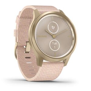 Garmin vivomove Style, Hybrid Smartwatch with Real Watch Hands and Hidden Color Touchscreen Displays, Gold with Pink Woven Nylon Band