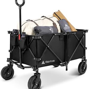 Hikenture Collapsible Wagon Cart, Portable Large Capacity Folding Wagon, Heavy Duty Utility Beach Wagon with All-Terrain Wheels, Outdoor Garden Cart Foldable Wagon for Sports, Shopping, Camping(Black)