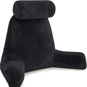 Husband Pillow XXL Black Backrest with Arms - Adult Reading Pillow with Shredded Memory Foam, Ultra-Comfy Removable Microplush Cover & Detachable Neck Roll - Unmatched Support Bed Rest Sit Up Pillow