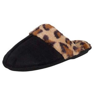 Jessica Simpson Women's Comfy Faux Fur House Slipper Scuff Memory Foam Slip on Anti-Skid Sole, Black/Leopard, Small