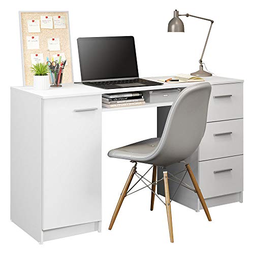 Madesa Home Office Computer Writing Desk with 3 Drawers, 1 Door and 1 Storage Shelf, Plenty of Space, Wood, 30” H x 18” D x 53” W - White