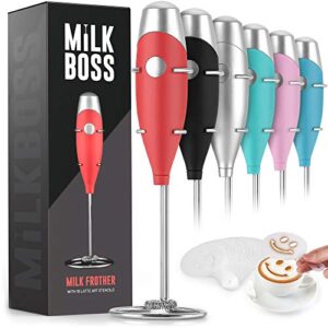 Milk Boss Mighty Milk Frother Handheld Whisk Mixer - Coffee Frother Electric Handheld Foam Maker & Frother For Coffee - Portable Electric Whisk With 16-Piece Stencils For Lattes, Matcha & More (Red)