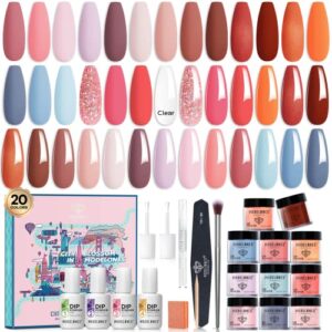 Modelones 32Pcs Dip Powder Nail Kit Starter, 20 Colors Winter Nude Pink Neutral Baby Blue Dipping Powder System Liquid Set with Base/Top Coat Activator Brush Saver for Nail Art DIY Manicure Salon Valentine's Day Gifts