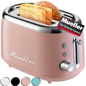 Mueller Retro Toaster 2 Slice with 7 Browning Levels and 3 Functions: Reheat, Defrost & Cancel, Stainless Steel Features, Removable Crumb Tray, Under Base Cord Storage, Pink