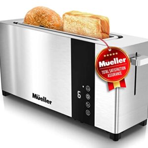 Mueller UltraToast Full Stainless Steel Toaster 2 Slice, Long Extra-Wide Slots with Removable Tray, Cancel/Defrost/Reheat Functions, 6 Browning Levels with LED Display