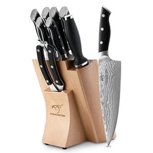 NANFANG BROTHERS Knife Set, 9-Piece Damascus Kitchen Knife Set with Block, ABS Ergonomic Handle for Chef Knife Set, Knife Sharpener and Kitchen Shears, Knife Block Set