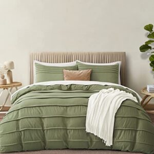 Oli Anderson Sage Green Duvet Cover Queen Size - Pleated Queen Duvet Cover, 3PCS Soft and Breathable Textured Bedding Set with Zipper Closure(Sage Green,90"x90")