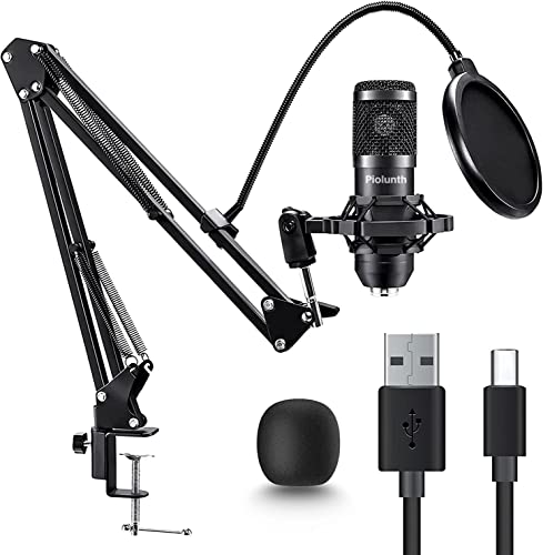 piolunth USB Microphone, Plug & Play 192kHz/24bit Cardioid Condenser Studio Mic Kit with Professional Sound Chipset Mount Pop Filte and Boom Arm for Recording, Gaming, Streaming, Podcast, Skype