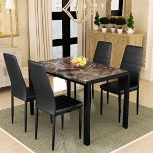 Recaceik Dining Table Set for 4, Kitchen Table and Chairs for 4, Faux Marble Kitchen Table Set with 4 Upholstered PU Leather Chairs, Dining Room Table Set for Kitchen Dining Room (Brown & Black)