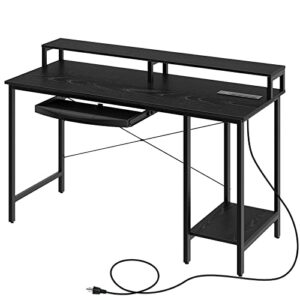 Rolanstar Computer Desk with Power Outlet and Keyboard Tray Monitor Stand 55", Home Office Writing Desk, Rustic Style Workstation Table with Storage Shelves,Stable Metal Frame, Black