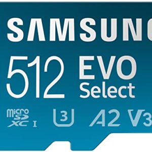 SAMSUNG EVO Select Micro SD-Memory-Card + Adapter, 512GB microSDXC 130MB/s Full HD & 4K UHD, UHS-I, U3, A2, V30, Expanded Storage for Android Smartphones, Tablets, Nintendo-Switch (MB-ME512KA/AM)