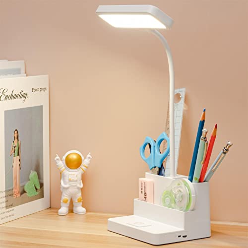 Small LED Desk Lamp with Pen/Phone Holder Function, Rechargeable Desk Light with Flexible Gooseneck, 3 Color Modes, Stepless Dimming, Eye Caring, Small Study Lamp for Dorm, Bedroom (Max Height 14 IN )
