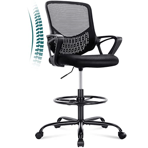 SMUG Tall, Standing Desk Counter, Mid Back Mesh Office Drafting Chairs with Armrest, Height Adjustable Foot Ring, Black