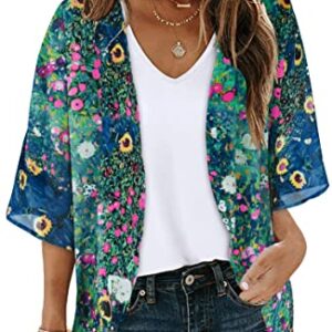 Summer Kimono Cardigan for Women Sheer Hawaii Tops Casual Open Front Swimwear Shirts Beach Cover ups (Green Daisy,M)