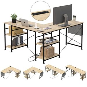 Tbfit L Shaped Desk with Storage Shelves,95.2 Inch Reversible Coner, Office Desk for Small Space,Large Computer Gaming Desk Workstation with Power Outlet,2 Person Long Writing Study Table(Oak)