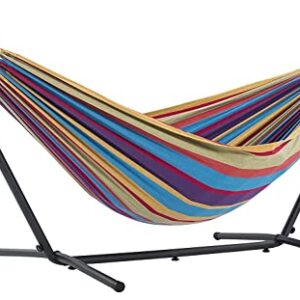 Vivere Double Cotton Hammock with Space Saving Steel Stand, Tropical (450 lb Capacity - Premium Carry Bag Included)