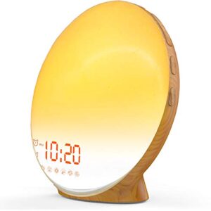 Wake Up Light Sunrise Alarm Clock for Kids, Heavy Sleepers, Bedroom, with Sunrise Simulation, Sleep Aid, Dual Alarms, FM Radio, Snooze, Nightlight, Daylight, 7 Colors, 7 Natural Sounds, Wood Color