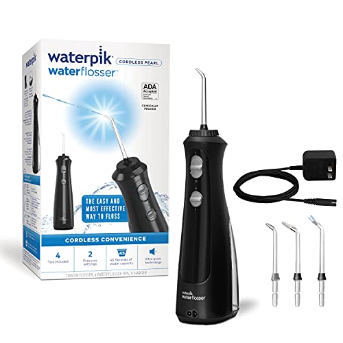 Waterpik Cordless Pearl Water Flosser Rechargeable Portable Water Flosser for Teeth, Gums, Braces Care and Travel with 4 Flossing Tips, ADA Accepted, WF-13 Black