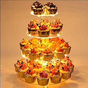 YestBuy 4 Tier Round Cupcake Stand, Cupcake Holder, 4 Tier Cupcake Tray, Acrylic Cake Tower Stand Display for Pastry + LED Light String, Ideal for Weddings, Birthday Parties (Yellow)
