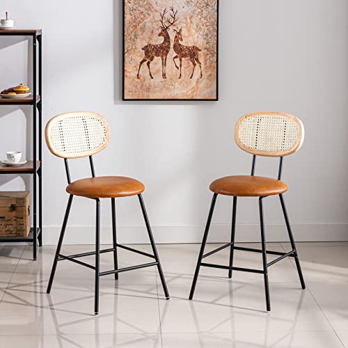 Amadi Counter Stools Rattan Back Dining Chair, Indoor Faux Leather Bar Stools Set of 2, Armless Dining Chairs with Rattan Backrest, Modern Metal Counter Height Barstools for Home Whiskey Brown,24"