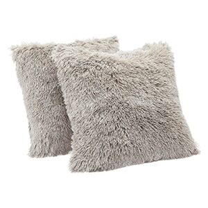 Amazon Basics Shaggy Long Fur Faux Fur Throw Pillow Covers, 18"x18", Pack of 2 - Taupe