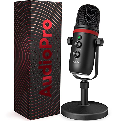AUDIOPRO USB Microphone - Computer Condenser Gaming Mic for PC/Laptop/Phone/PS4/5, Headphone Output, Volume Control, USB Type C Plug and Play, LED Mute Button, for Streaming, Podcast, Studio Recording