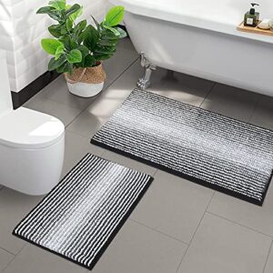 BSICPRO Bathroom Rugs and Mats Sets, 2 Piece Thick Absorbent Chenille Bath Mat Rug Set Non Slip, Soft Shaggy Bath Room Floor Mats for Bathroom, Machine Washable (20" x 32" Plus 16" x 24", Black)