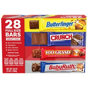 Butterfinger, CRUNCH, Baby Ruth and 100 Grand, Assorted Full Size Chocolate Candy Bars, 48 oz, Bulk 28 Pack