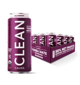 CLEAN Cause Low Calorie Blackberry USDA Organic Sparkling Yerba Mate Tea (16oz cans, 12-Pack Case) Low Sugar, 160mg Caffeine, Healthy Alternative to Soda & Energy Drinks.