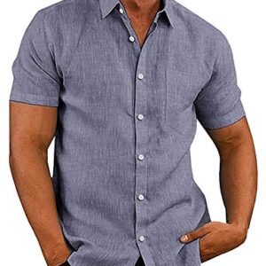 COOFANDY Men's Linen Business Shirts Regular Plain Basic Slim Fit Designer Shirt Short Sleeve - Blue