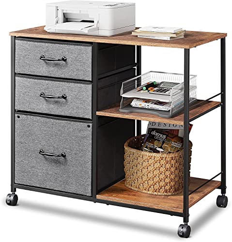 DEVAISE 3 Drawer Mobile File Cabinet, Rolling Printer Stand with Open Storage Shelf, Fabric Lateral Filing Cabinet fits A4 or Letter Size for Home Office, Rustic Brown