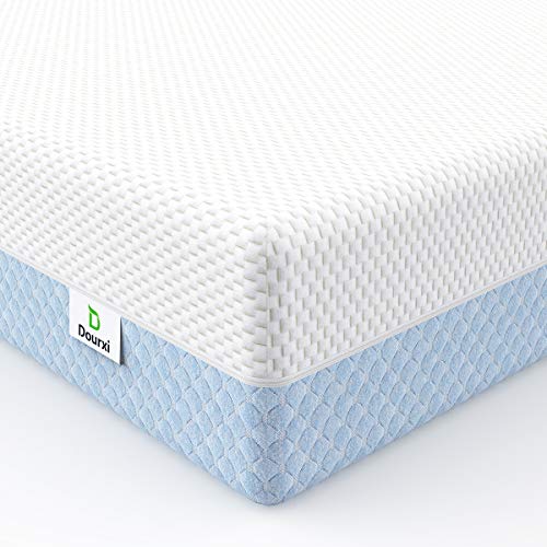 Dourxi Crib Mattress, Dual Sided Comfort Memory Foam Toddler Bed Mattress, Triple-Layer Breathable Premium Baby Mattress for Infant and Toddler w/Removable Outer Cover - White&Blue