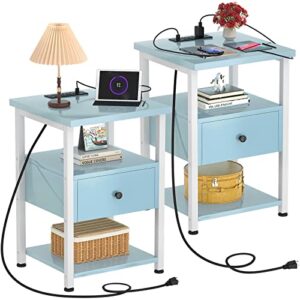 Ecoprsio Nightstand Set of 2 with Charging Station, End Table Bedside Table with USB Ports, Modern Nightstands with Drawers Storage Shelf, Wood Night Stands for Bedroom, Living Room, Sofa Couch, Blue