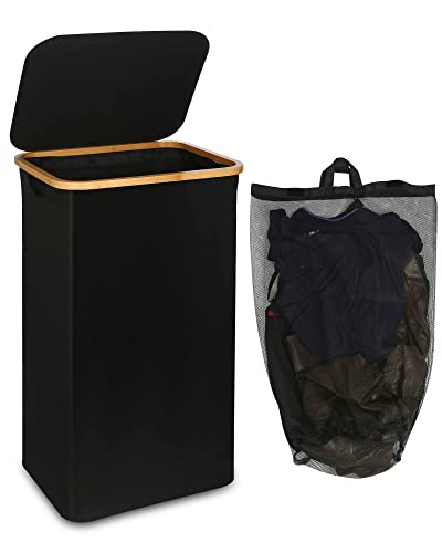 efluky Large Laundry Basket with Lid, 100L Tall Laundry Basket with Bamboo Handles for Clothes and Toys Storage, Freestanding Collapsible Laundry Hamper with Inner Bag for Bedroom and Bathroom, Black