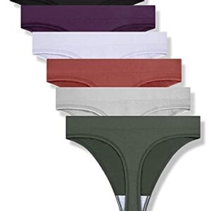 GRANKEE Women's Breathable Seamless Thong Panties No Show Underwear 6 Pack(Black/Caramel/Purple/Olive Green/Lavender/Light Grey 6 Pack L)