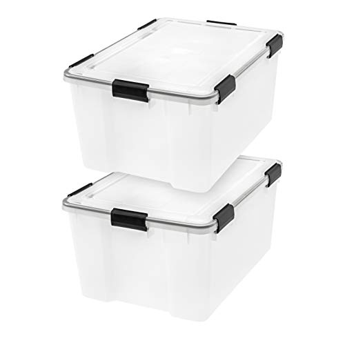 IRIS USA 62.8 Quart WEATHERPRO Plastic Storage Box with Durable Lid and Seal and Secure Latching Buckles, Weathertight, Clear with Black Buckles, 2 Pack